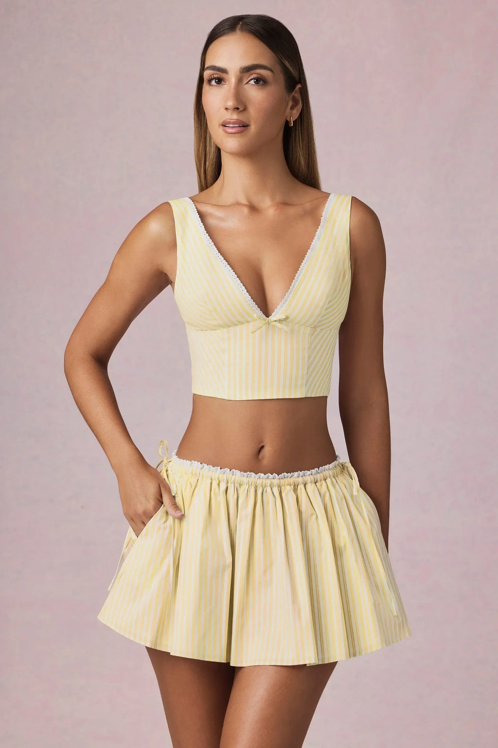 Ruched Drawstring Mini Skirt in Lemon Yellow Stripe