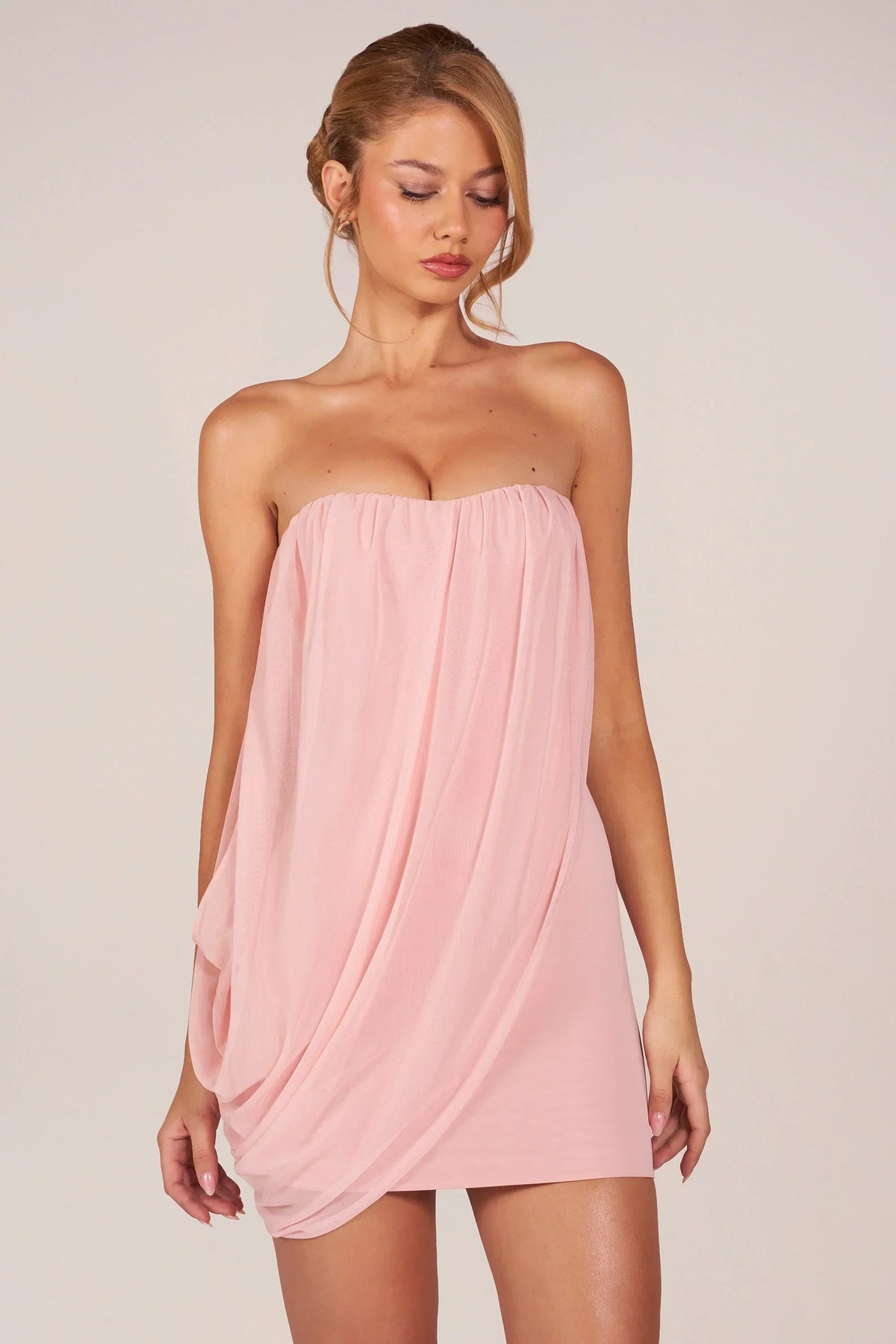Bandeau Draped Mini Dress in Blush Pink
