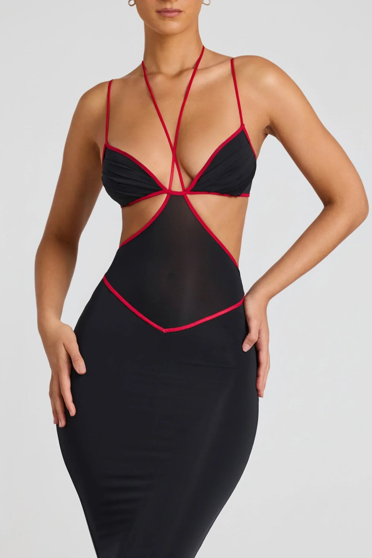 Contrast Binding Cut Out Evening Gown in Black