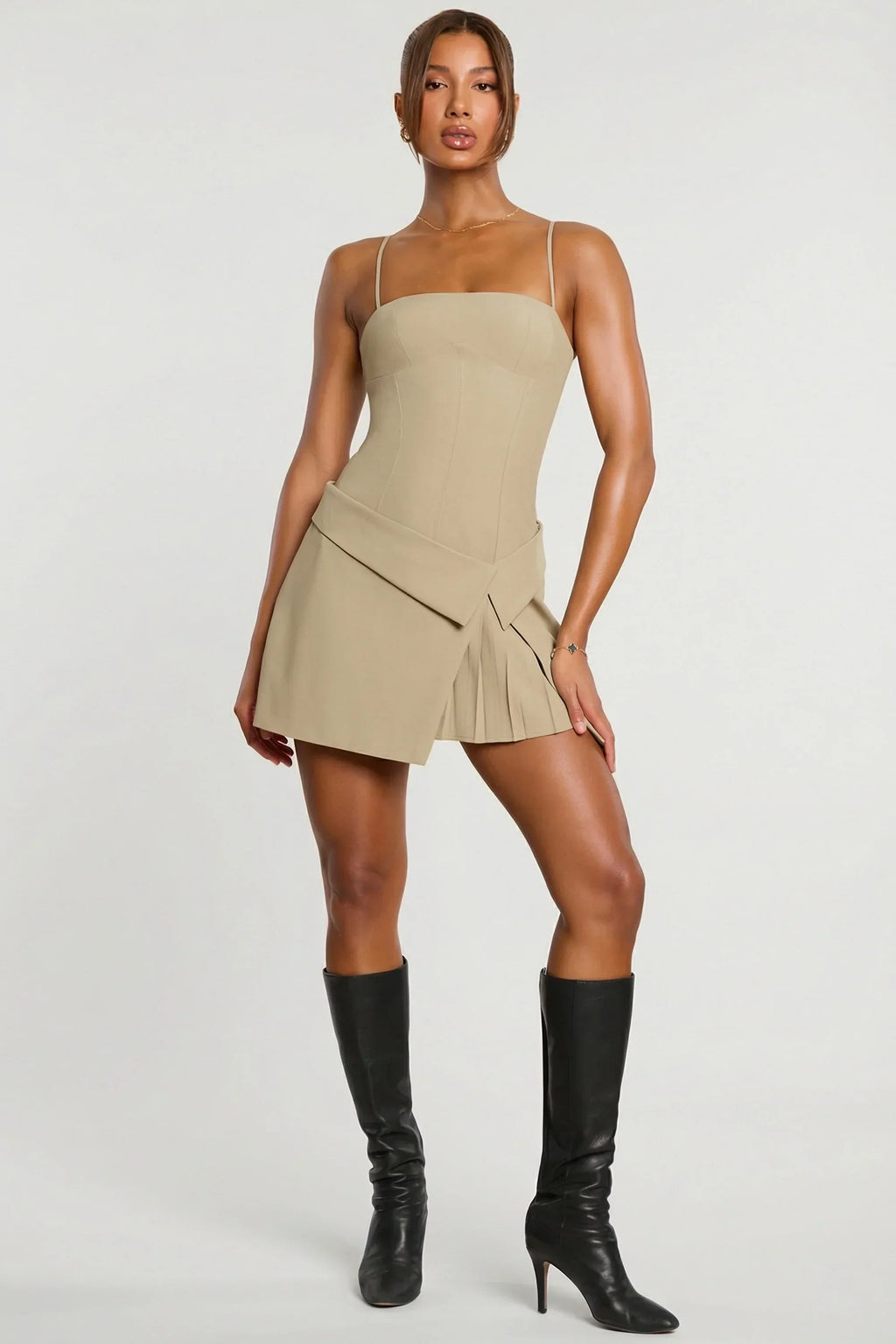 Woven Twill Wrap Over Pleated Mini Dress in Taupe